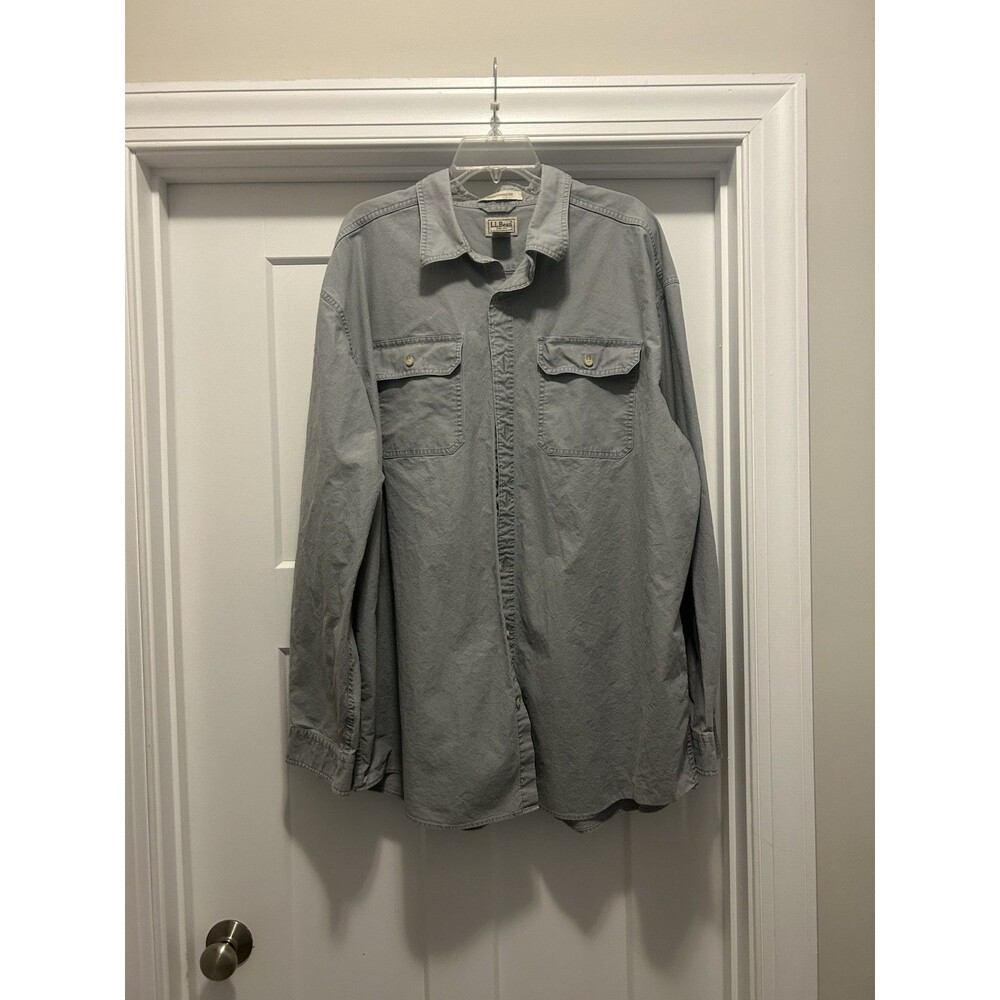 LL Bean Shirt Mens XXL Tall Vintage Gray Cotton Pockets Long Sleeve Button Up